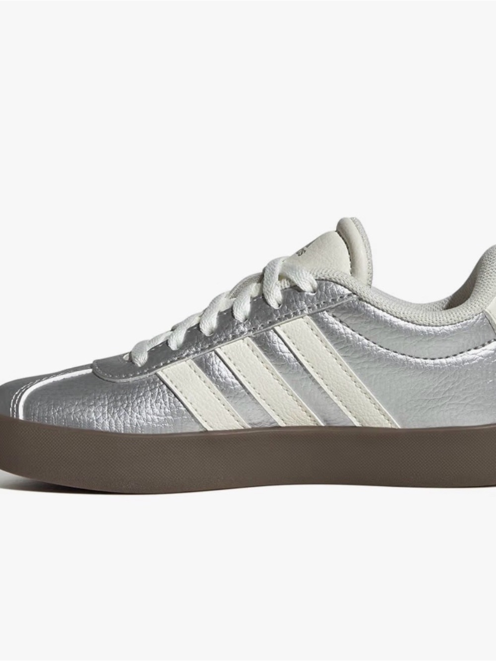 adidas Women's Silver Metallic Sneakers with White Stripes and Brown Sole